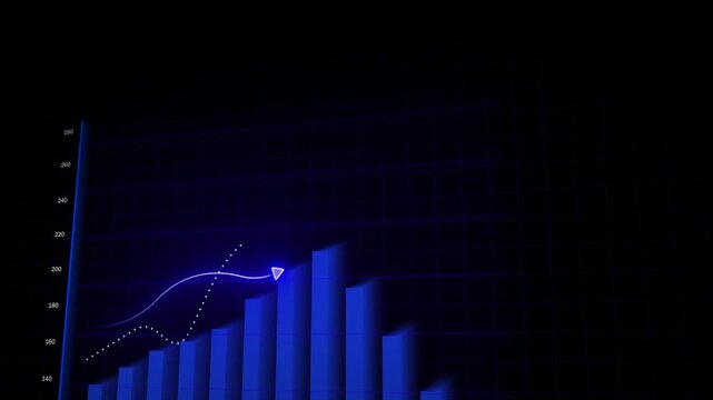 Financial growth abstract blue neon chart digital technology progress innovation upward trend. Blue neon bar graph animation business economy investment market statistics analytics visualization.