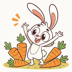 Cute cartoon rabbit holding a carrot in a happy spring illustration