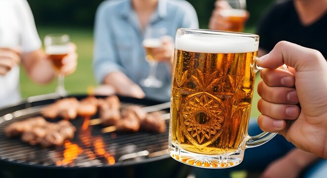 Hand holding a frosty beer mug with friends grilling outdoors in the background