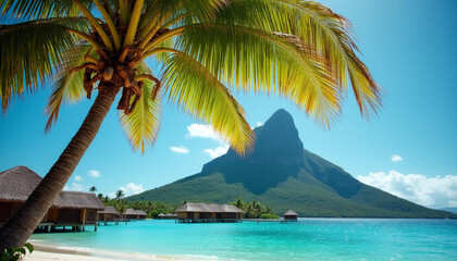 Tropical Paradise Overwater Bungalows: Palm Trees & Clear Lagoon