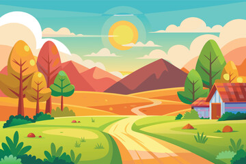 Obraz premium Vibrant autumn landscape with cozy cottage and winding path