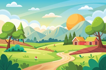 Obraz premium Vibrant cartoon countryside landscape with rolling hills and houses