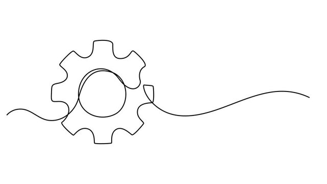 setting icon Technology animation continuous one line drawing, Gears wheel continuous line video. Round wheel metal symbol company template for business teamwork concept. Dynamic single line draw pro.