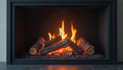 Fireplace with Burning Logs and Black Pebbles