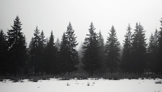Evergreen Trees Bordering Snow-Covered Field in Monochrome - Powered by Adobe