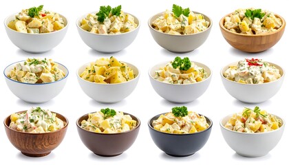 Twelve bowls of potato salad, variations in bowl type and garnish