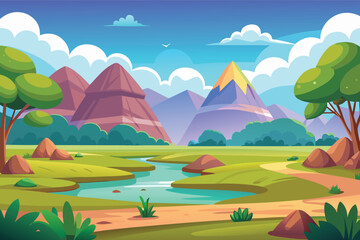 Obraz premium Vibrant cartoon landscape with mountains and river