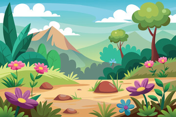 Fototapeta premium Vibrant cartoon meadow with mountain backdrop and blooming flowers
