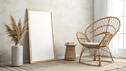 Neutral Interior with Rattan Chair and Large Vertical Frame Leaning Against Wall