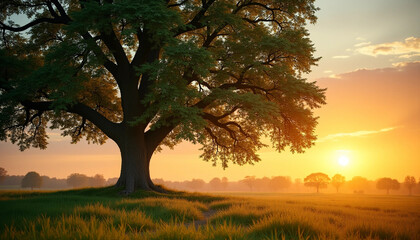 Fototapeta premium Solitary Tree at Golden Sunset: Serene Meadow Nature Silhouette