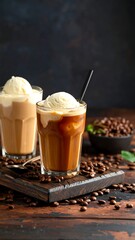Two iced coffees with vanilla ice cream, served in tall glasses on a wooden board, surrounded by coffee beans