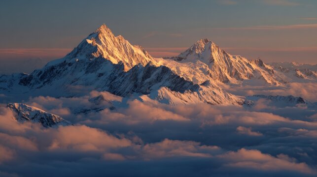 Sunlit snow-capped mountain peaks emerging above low clouds, golden sunrise light - Powered by Adobe
