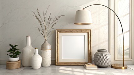 Tabletop Mockup with Square Frame, Minimalist Vases, and Ambient Arched Lamp