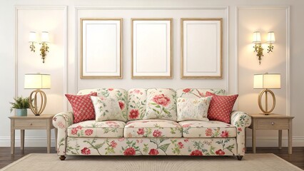 Living Room with Floral Sofa and Three Vertical Blank Frames in Coordinated Layout