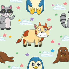 Obraz premium Cute wild animals seamless pattern for baby shower decor, nursery print, kindergarteen wallpaper, fabric, and textile. Vector illustration