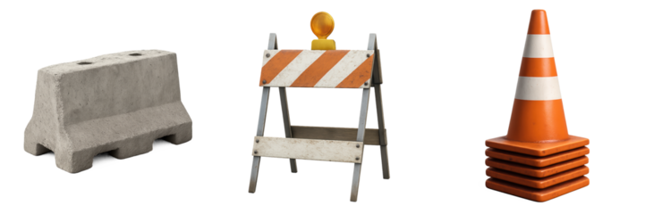 Construction and public utilities traffic control equipment set with barricade, cones, and barrier, urban zoning tools for infrastructure regulation, hazard mitigation, and climate-adaptive signage