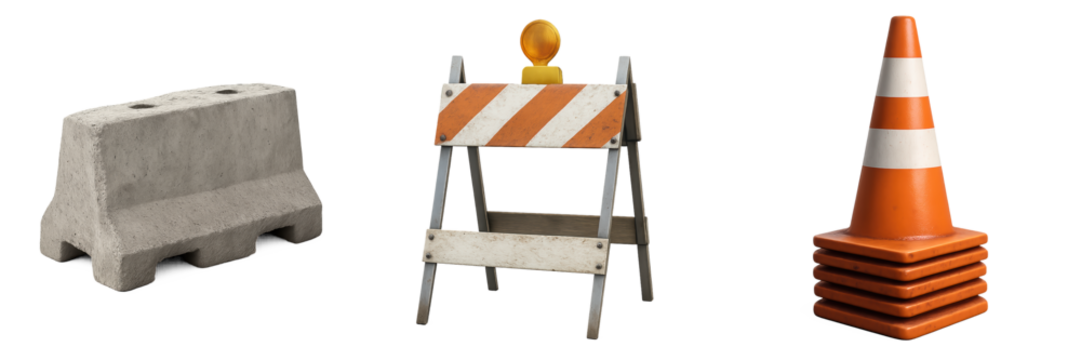 Construction and public utilities traffic control equipment set with barricade, cones, and barrier, urban zoning tools for infrastructure regulation, hazard mitigation, and climate-adaptive signage