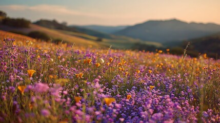 Mountain landscape with a vast field of wildflowers in full bloom lavender and poppies