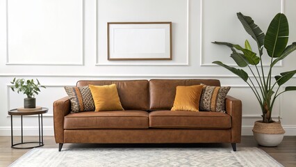 Modern Living Room with Square Frame Above Brown Sofa and Large Leafy Plant
