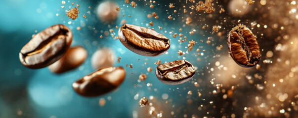 Coffee Beans and Water Droplets Floating Against Blue Hue
