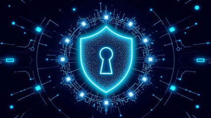 A glowing blue shield with a keyhole surrounded by digital circuitry on a dark blue background