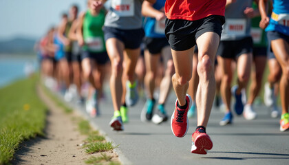 Fototapeta premium Marathon Runners: Health & Competitive Spirit on Lakeside Road