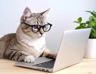 小さなメガネをかけ、ミニチュアの机と小さなラップトップで作業する猫