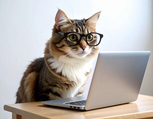 小さなメガネをかけ、ミニチュアの机と小さなラップトップで作業する猫
