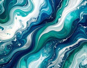 深みのある青、柔らかな緑、銀色の渦巻く抽象的な流体アート