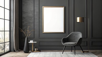 Moody Scene with Blank Frame on Charcoal Wall and Sleek Minimalist Decor