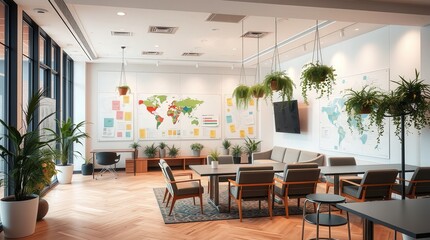 Modern conference space with global maps and vibrant greenery, ideal for collaborative meetings in an open office environment