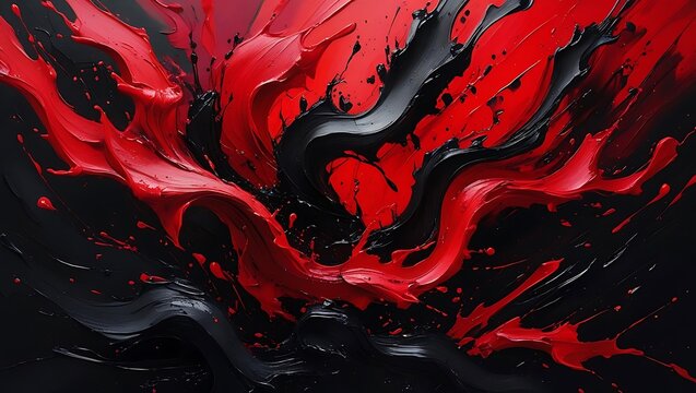 Dynamic abstract background featuring a powerful explosion of swirling red and black viscous paint, a fluid and energetic concept.
