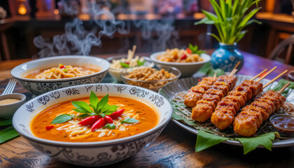 Obraz premium A vibrant spread of Thai cuisine: fragrant curries, succulent satay skewers, and flavorful noodle dishes, all steaming on a rustic wooden table.