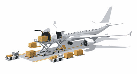 Cargo Plane Unloading Boxes with Ground Support Equipment Illustration.