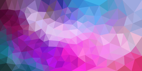  Abstract low poly background with a vibrant gradient of pink, purple, and blue tones forming a dynamic geometric pattern of overlapping triangles.