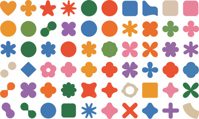 Retro Shapes Collage: A vibrant arrangement of nostalgic retro shapes in various colors, perfect for evoking a sense of vintage style and graphic design.