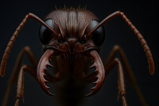 Close-up of an Ant's Face Showing Mandibles and Compound Eyes