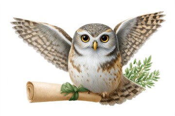 Obraz premium Little owl delivering a message, holding a scroll with green ribbon and open wings