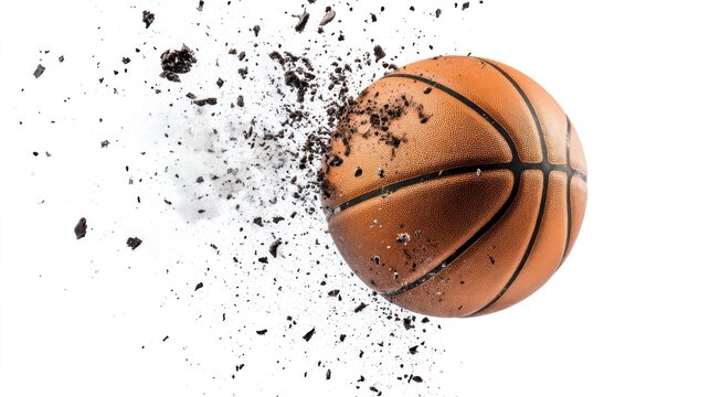 A basketball in mid-air, disintegrating into brown dust particles against a stark white background; the disintegration process is dynamic and visually striking - Powered by Adobe