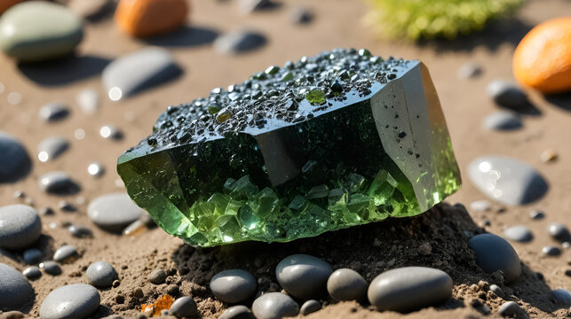 Green moldavite gem with orange dirt on wet muddy soil, a natural detail from minerals exploration. Raw tektite stone of meteoric glass near a pebble in South Bohemia.