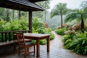 Wooden table and chair on a porch overlooking a lush tropical garden during a refreshing rain