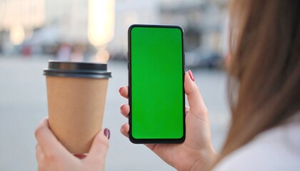 Woman holding coffee and phone with green screen