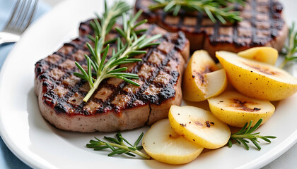 Grilled Filet Mignon with Green Beans and Roasted Pears