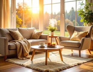 大きな窓から黄金色の太陽光が差し込む居心地の良いリビングルーム