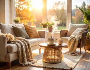 大きな窓から黄金色の太陽光が差し込む居心地の良いリビングルーム