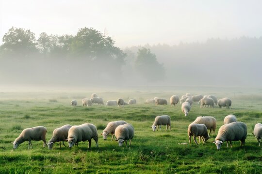 Flock of sheep grazing in a foggy field at sunrise