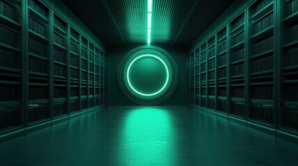 Transhumanism & Humanity�s Future Concept. Futuristic Digital Archive with Neon Lighting and Circular Entrance in Dark Environment