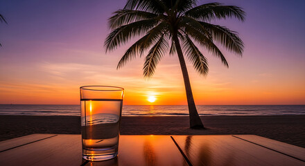 A refreshing glass of water sits on a table at sunset, with a palm tree silhouetted against the vibrant colors of the sky over a tropical beach