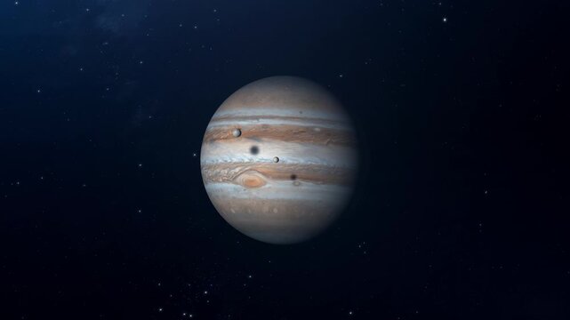 3D animation of Jupiter with Moons Ganymede and Europa slowly rotating in Space