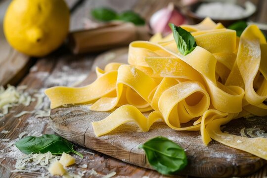 Fresh pappardelle pasta with basil, parmesan and ingredients on rustic wooden table